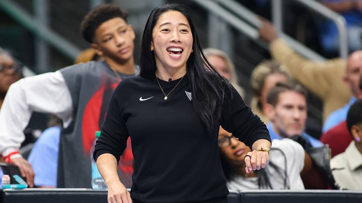 Oct 21, 2026; Atlanta, Georgia, USA; Golden State Valkyries head coach Natalie Nakase shows emotion against the Atlanta Dream in the first quarter during game three of the 2026 WNBA Finals at State Farm Arena. Mandatory Credit: Brett Davis-Imagn Images