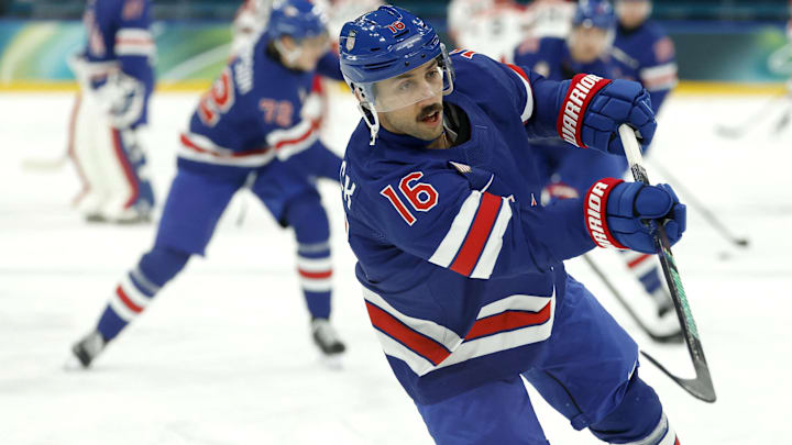 Feb 14, 2026; Milan, Italy;  Vincent Trocheck of United States during the warm up before the match against Denmark in men's ice hockey group C play during the Milano Cortina 2026 Olympic Winter Games at Milano Santagiulia Ice Hockey Arena. Mandatory Credit: Geoff Burke-Imagn Images