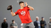 Ohio State Buckeyes quarterback Will Howard throws during the pro day for NFL scouts at the Woody Hayes Athletic Center on March 26, 2025.