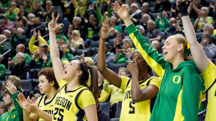The Oregon bench cheers as the Oregon Ducks host the Penn State Nittany Lions on Jan. 24, 2026, at Matthew Knight Arena in Eugene, Oregon.