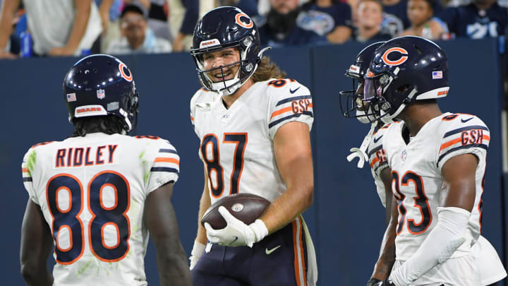 Aug 28, 2021; Nashville, Tennessee, USA;  Chicago Bears tight end Jesper Horsted (87) celebrates with wide receiver Riley Ridley (88) and wide receiver Dazz Newsome (83) after his touchdown against the Tennessee Titans at Nissan Stadium. Mandatory Credit: Steve Roberts-USA TODAY Sports