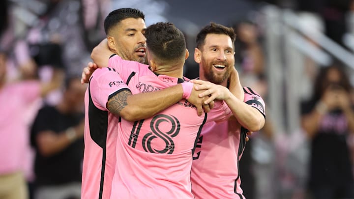 Luis Suarez, Jordi Alba, and Lionel Messi of Inter Miami.