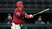 Mar 1, 2025; Stanford, CA, USA; Stanford Cardinal first baseman Rintaro Sasaki (3) bats against the Xavier Musketeers during the fourth inning at Sunken Diamond. Mandatory Credit: Darren Yamashita-Imagn Images