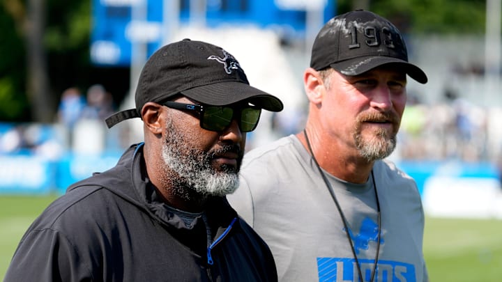 Detroit Lions executive vice president and general manager Brad Holmes, left, and Lions head coach Dan Campbell