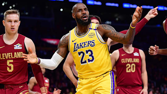 Dec 31, 2024; Los Angeles, California, USA; Los Angeles Lakers forward LeBron James (23) reacts during the first half at Crypto.com Arena. Mandatory Credit: Gary A. Vasquez-Imagn Images