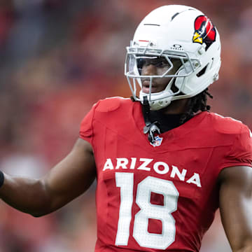 Aug 9, 2025; Glendale, Arizona, USA; Arizona Cardinals wide receiver Marvin Harrison Jr. (18) against the Kansas City Chiefs during a preseason NFL game at State Farm Stadium. Mandatory Credit: Mark J. Rebilas-Imagn Images