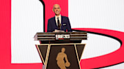 Jun 22, 2023; Brooklyn, NY, USA; NBA commissioner Adam Silver announces Amen Thompson as the fourth selection by the Houston Rockets in the first round of the 2023 NBA Draft at Barclays Arena. Mandatory Credit: Wendell Cruz-Imagn Images