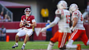 Nov 16, 2024; Tuscaloosa, Alabama, USA; Alabama Crimson Tide quarterback Ty Simpson (15) looks to make a pass against the Mercer Bears during the fourth quarter at Bryant-Denny Stadium. 