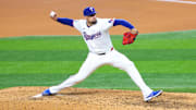 Jul 24, 2024; Arlington, Texas, USA; Texas Rangers starting pitcher Nathan Eovaldi (17) throws during the fourth inning against the Chicago White Sox at Globe Life Field