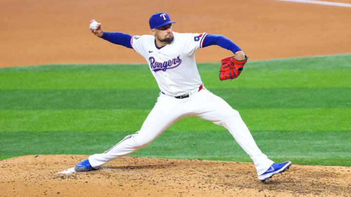 Jul 24, 2024; Arlington, Texas, USA; Texas Rangers starting pitcher Nathan Eovaldi (17) throws during the fourth inning against the Chicago White Sox at Globe Life Field. Mandatory Credit: Kevin Jairaj-USA TODAY Sports