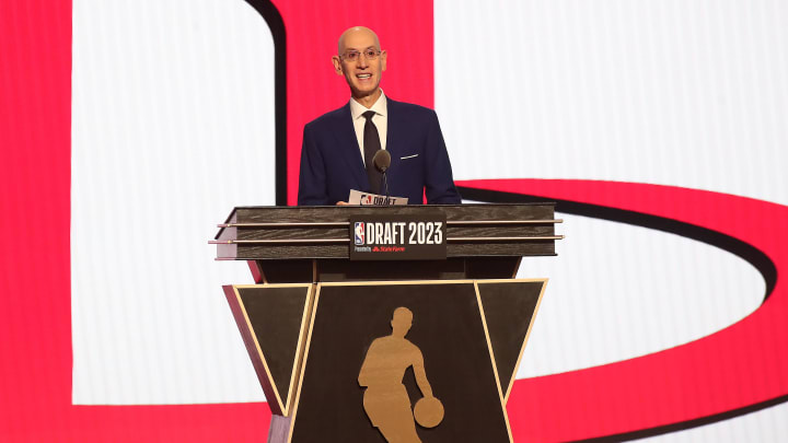 Jun 22, 2023; Brooklyn, NY, USA; NBA commissioner Adam Silver announces Amen Thompson as the fourth selection by the Houston Rockets in the first round of the 2023 NBA Draft at Barclays Arena. Mandatory Credit: Wendell Cruz-USA TODAY Sports