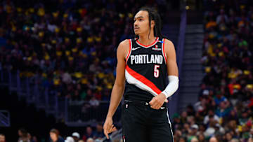 Oct 11, 2024; Seattle, Washington, USA; Portland Trail Blazers guard Dalano Banton (5) during the first half at Climate Pledge Arena. Mandatory Credit: Steven Bisig-Imagn Images