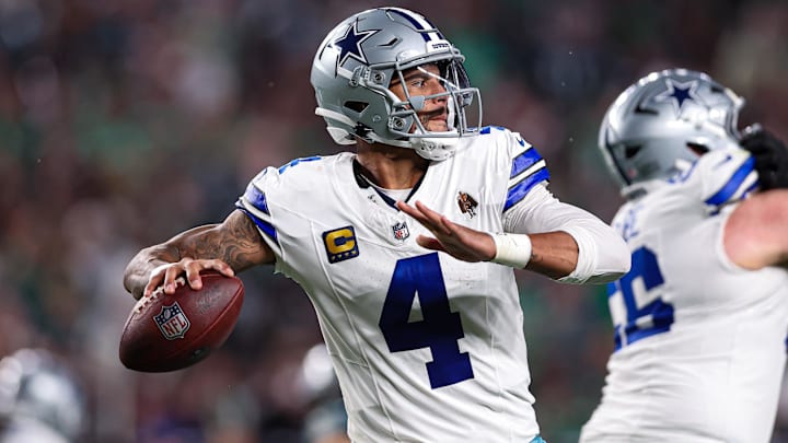 Dallas Cowboys quarterback Dak Prescott passes the ball against the Philadelphia Eagles at Lincoln Financial Field. Dallas Cowboys quarterback Dak Prescott passes the ball against the Philadelphia Eagles at Lincoln Financial Field.