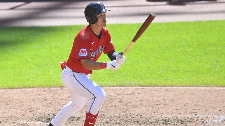 Jun 23, 2024; Cleveland, Ohio, USA; Cleveland Guardians left fielder Steven Kwan (38) watches his single in the eighth inning against the Toronto Blue Jays at Progressive Field. Mandatory Credit: David Richard-USA TODAY Sports