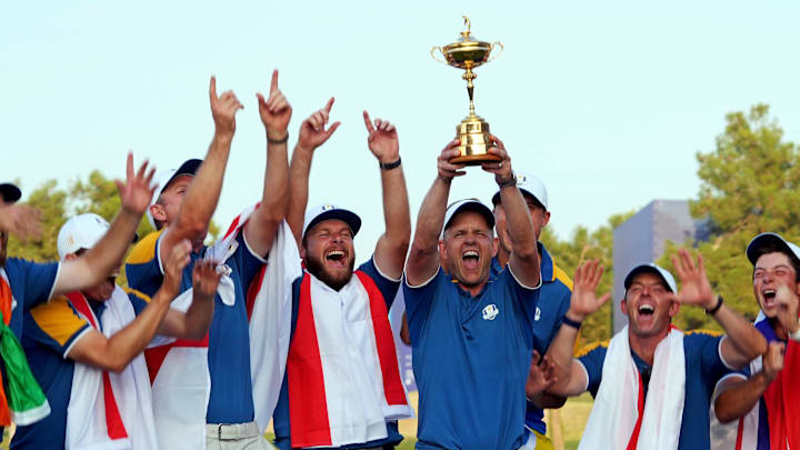 Team Europe celebrates after dominating the United States 16 1/2-11 1/2 to win the 2023 Ryder Cup. Team Europe celebrates after dominating the United States 16 1/2-11 1/2 to win the 2023 Ryder Cup.