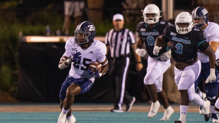 Oct 1, 2022; Conway, South Carolina, USA; Georgia Southern Eagles running back Jalen White (25) runs the ball in the second quarter against the Coastal Carolina Chanticleers at Brooks Stadium. Mandatory Credit: David Yeazell-USA TODAY Sports