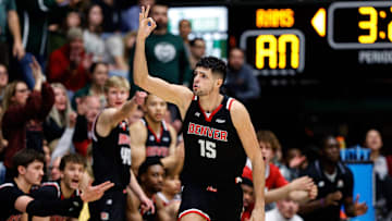 Dec 6, 2023; Fort Collins, Colorado, USA; Denver Pioneers forward Pedro Lopez-Sanvicente (15) reacts after a play in the second half against the Colorado State Rams at Moby Arena. Mandatory Credit: Isaiah J. Downing-Imagn Images