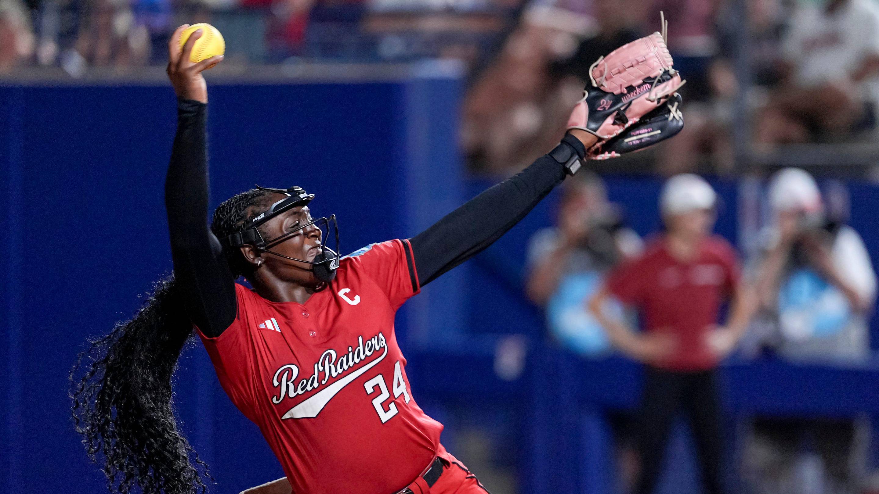 Texas Tech pitcher Nijaree Canady (24) pitches in the second inning of the second softball game between Texas Tech and Alabama at the Women’s College World Series at Devon Park in Oklahoma City, on Monday, June 1, 2026. | NATHAN J. FISH/THE OKLAHOMAN / USA TODAY NETWORK via Imagn Images