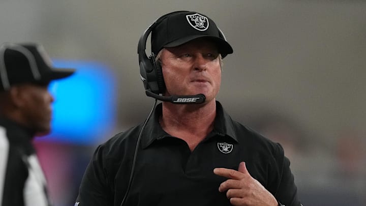 Oct 4, 2021; Inglewood, California, USA; Las Vegas Raiders head coach Jon Gruden looks on during the second half against the Los Angeles Chargers at SoFi Stadium. Mandatory Credit: Kirby Lee-Imagn Images