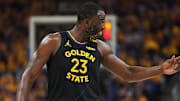 May 2, 2025; San Francisco, California, USA; Golden State Warriors forward Draymond Green (23) reacts after a play against the Houston Rockets in the second quarter of game six of the first round for the 2025 NBA Playoffs at Chase Center. Mandatory Credit: Cary Edmondson-Imagn Images