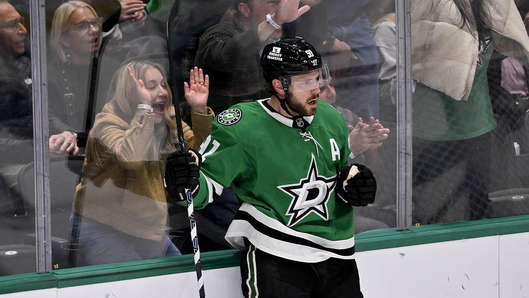Nov 9, 2025; Dallas, Texas, USA; Dallas Stars center Tyler Seguin (91) celebrates after he scores a goal against Seattle Kraken goaltender Matt Murray (not pictured) during the first period at the American Airlines Center. Mandatory Credit: Jerome Miron-Imagn Images