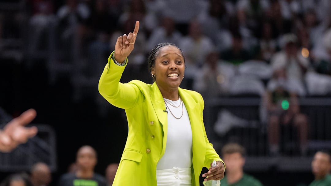 Sep 16, 2025; Seattle, Washington, USA; Seattle Storm head coach Noelle Quinn gestures to her team during the second half during game two of round one for the 2025 WNBA Playoffs against the Las Vegas Aces at Climate Pledge Arena. Mandatory Credit: Stephen Brashear-Imagn Images Sep 16, 2025; Seattle, Washington, USA; Seattle Storm head coach Noelle Quinn gestures to her team during the second half during game two of round one for the 2025 WNBA Playoffs against the Las Vegas Aces at Climate Pledge Arena. Mandatory Credit: Stephen Brashear-Imagn Images