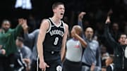Oct 24, 2025; Brooklyn, New York, USA;  Brooklyn Nets guard Egor Demin (8) celebrates after scoring in the fourth quarter against the Cleveland Cavaliers at Barclays Center. Mandatory Credit: Wendell Cruz-Imagn Images