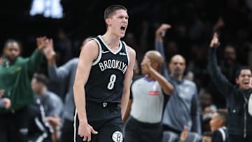 Oct 24, 2025; Brooklyn, New York, USA;  Brooklyn Nets guard Egor Demin (8) celebrates after scoring in the fourth quarter against the Cleveland Cavaliers at Barclays Center. Mandatory Credit: Wendell Cruz-Imagn Images