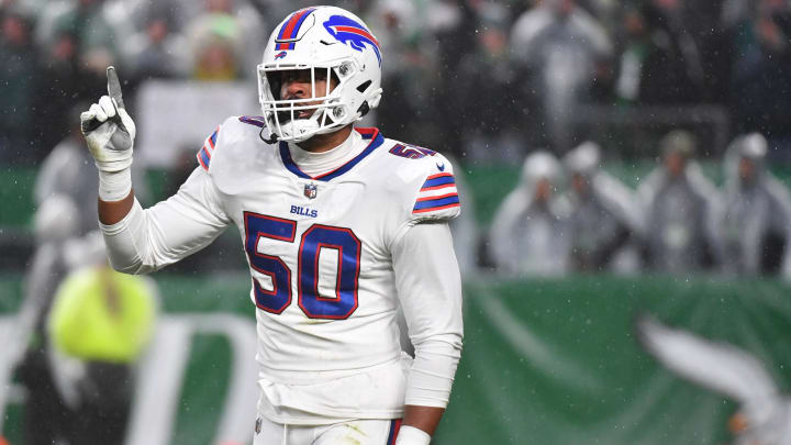 Nov 26, 2023; Philadelphia, PA; Buffalo Bills defensive end Greg Rousseau (50) against the Philadelphia Eagles at Lincoln Financial Field.  