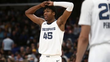 Apr 6, 2024; Memphis, Tennessee, USA; Memphis Grizzlies forward GG Jackson (45) reacts during the first half against the Philadelphia 76ers at FedExForum. Mandatory Credit: Petre Thomas-USA TODAY Sports
