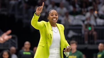 Sep 16, 2025; Seattle, Washington, USA; Seattle Storm head coach Noelle Quinn gestures to her team during the second half during game two of round one for the 2025 WNBA Playoffs against the Las Vegas Aces at Climate Pledge Arena. Mandatory Credit: Stephen Brashear-Imagn Images