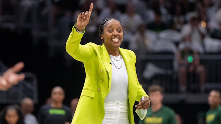 Sep 16, 2025; Seattle, Washington, USA; Seattle Storm head coach Noelle Quinn gestures to her team during the second half during game two of round one for the 2025 WNBA Playoffs against the Las Vegas Aces at Climate Pledge Arena. Mandatory Credit: Stephen Brashear-Imagn Images