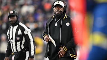 Jan 11, 2025; Baltimore, Maryland, USA; Pittsburgh Steelers head coach Mike Tomlin looks on in the first quarter against the Baltimore Ravens in an AFC wild card game at M&T Bank Stadium. Mandatory Credit: Tommy Gilligan-Imagn Images