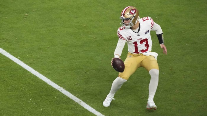 Feb 11, 2024; Paradise, Nevada, USA;  San Francisco 49ers quarterback Brock Purdy (13) looks to pass