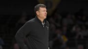 Nov 12, 2025; Nashville, Tennessee, USA;  Vanderbilt Commodores head coach Mark Byington watches his team against the Eastern Kentucky Colonels during the second half at Memorial Gymnasium. Mandatory Credit: Steve Roberts-Imagn Images