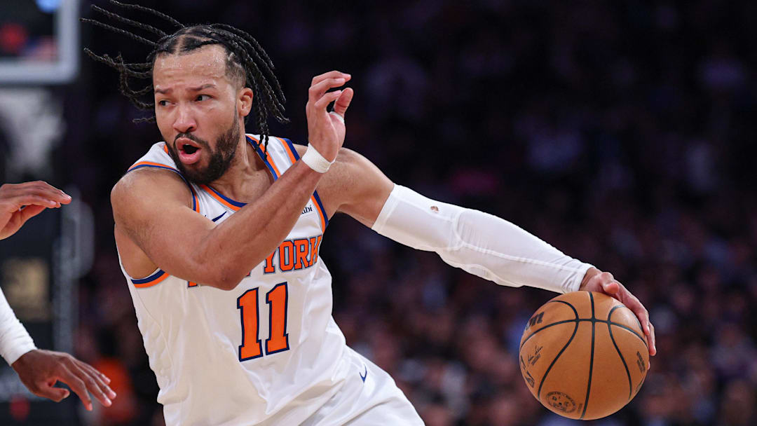 Jan 7, 2026; New York, New York, USA; New York Knicks guard Jalen Brunson (11) drives to the basket against LA Clippers guard Kris Dunn (8) during the second half at Madison Square Garden. Mandatory Credit: Vincent Carchietta-Imagn Images