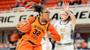 Oklahoma State guard Stailee Heard (32) works past McNeese guard Avery Young (6) to lay up the ball in the fourth quarter during an NCAA women’s basketball game between Oklahoma State and McNeese at Gallagher-Iba Arena in Stillwater, Okla., on Monday, Dec. 16, 2024.