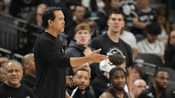Oct 30, 2025; San Antonio, Texas, USA; Miami Heat head coach Erik Spoelstra signals to players during the first half against the San Antonio Spurs at Frost Bank Center. Mandatory Credit: Scott Wachter-Imagn Images