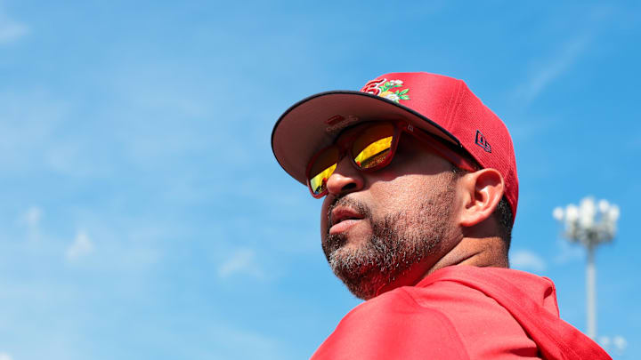 Feb 27, 2026; Jupiter, Florida, USA;  St. Louis Cardinals manager Oliver Marmol (37) looks on from the dugout before the game against the New York Mets at Roger Dean Chevrolet Stadium. Mandatory Credit: Sam Navarro-Imagn Images
