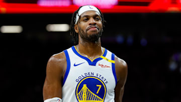 Jan 22, 2025; Sacramento, California, USA; Golden State Warriors guard Buddy Hield (7) smiles during the fourth quarter against the Sacramento Kings at Golden 1 Center. Mandatory Credit: Sergio Estrada-Imagn Images