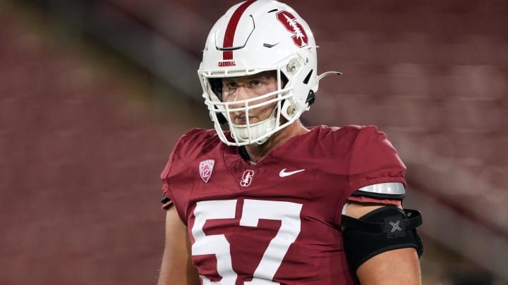 Oct 21, 2023; Stanford, California, USA; Stanford Cardinal offensive lineman Levi Rogers (57) before the game against the UCLA Bruins at Stanford Stadium. Mandatory Credit: Darren Yamashita-USA TODAY Sports