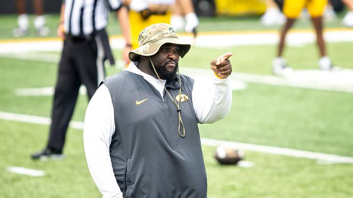 Aug 9, 2025; Iowa defensive line coach Kelvin Bell gestures during the Hawkeyes Kids Day NCAA football open practice at Kinnick Stadium in Iowa City, Iowa. Mandatory Credit: Joseph Cress for the Des Moines Register