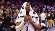 Apr 9, 2025; Phoenix, Arizona, USA; Oklahoma City Thunder forward Jalen Williams (8) against the Phoenix Suns at Footprint Center. Mandatory Credit: Mark J. Rebilas-Imagn Images