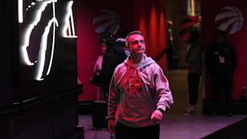Jan 15, 2025; Toronto, Ontario, CAN; Toronto Raptors head coach Darko Rajakovic walks out to the court for warm ups before a game against the Boston Celtics at Scotiabank Arena. Mandatory Credit: John E. Sokolowski-Imagn Images