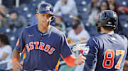 Feb 22, 2025; West Palm Beach, Florida, USA; Houston Astros infielder Cam Smith (left) is congratulated by teammate Tommy Sacco Jr. (87) after scoring a run in the ninth inning against the Washington Nationals at CACTI Park of the Palm Beaches. 