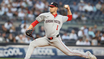 Aug 26, 2025; Bronx, New York, USA; Washington Nationals starting pitcher MacKenzie Gore (1) pitches in the first inning against the New York Yankees at Yankee Stadium. Mandatory Credit: Wendell Cruz-Imagn Images