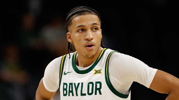 Dec 21, 2025; Waco, Texas, USA; Baylor Bears guard Cameron Carr (43) reacts during the first half against the Southern University Jaguars at Paul and Alejandra Foster Pavilion. Mandatory Credit: Chris Jones-Imagn Images
