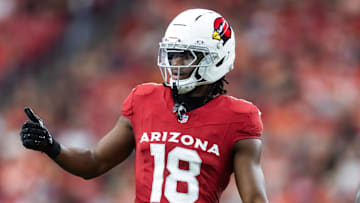 Aug 9, 2025; Glendale, Arizona, USA; Arizona Cardinals wide receiver Marvin Harrison Jr. (18) against the Kansas City Chiefs during a preseason NFL game at State Farm Stadium. Mandatory Credit: Mark J. Rebilas-Imagn Images