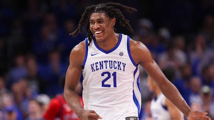 Dec 20, 2025; Atlanta, Georgia, USA; Kentucky Wildcats forward Jayden Quaintance (21) shows emotion against the St. John Red Storm in the second half at State Farm Arena. Mandatory Credit: Brett Davis-Imagn Images

