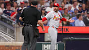 Apr 21, 2025; Atlanta, Georgia, USA; St. Louis Cardinals manager Oliver Marmol (37) argues with umpire Mark Carlson (8) against the Atlanta Braves in the eighth inning at Truist Park. Mandatory Credit: Brett Davis-Imagn Images